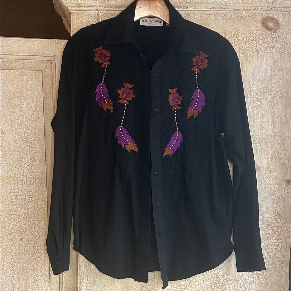 Vintage DD Cooper Western Embroidered Feather Shirt Black Rodeo Cowgirl M